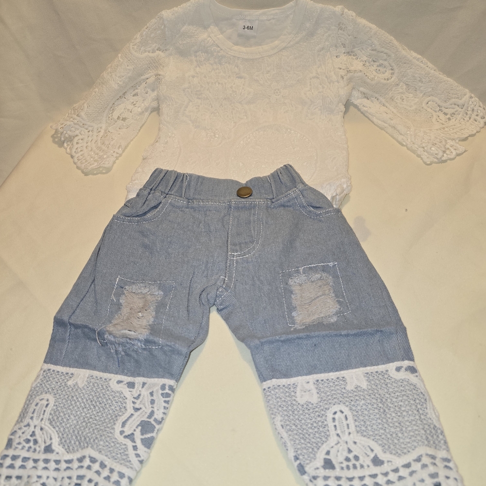 SHEIN White Lace Top with Light Blue Lace-Trim Jeans Set